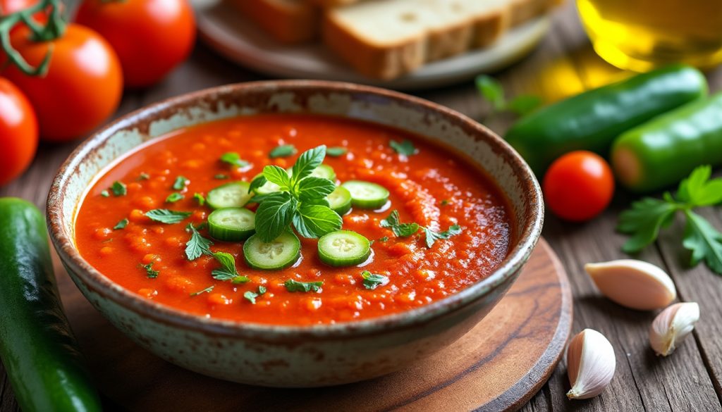 découvrez la recette authentique du gaspacho andalou, la soupe froide espagnole rafraîchissante et pleine de saveurs, idéale pour l'été.